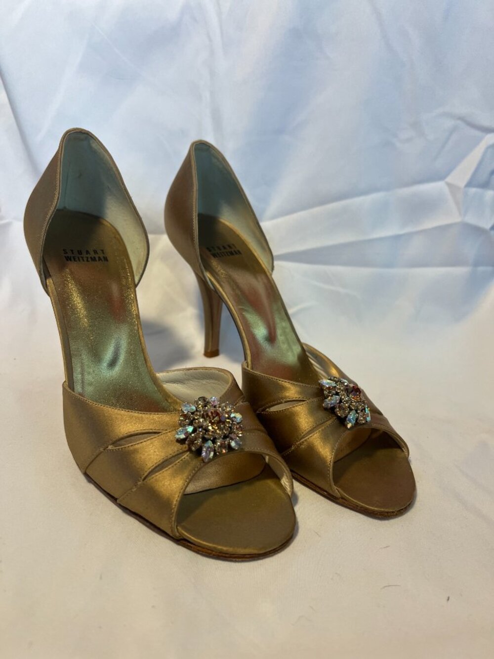 Stuart Weitzman Crystal Brooch Satin Peep-Toe d'Orsay Pump (Style Code TH60712)